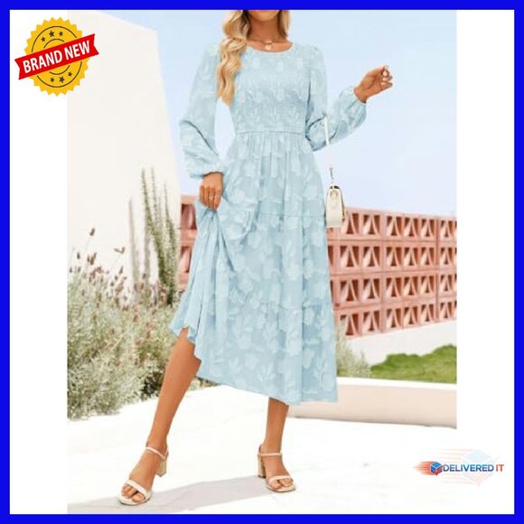 Boho Floral Midi Dress Long Sleeve Crewneck A-Line Fall Wedding Guest - Picture 3 of 8